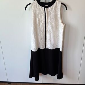 Ann Taylor Loft Ivory Embroidered Floral Black Color Block Shift Dress size medi